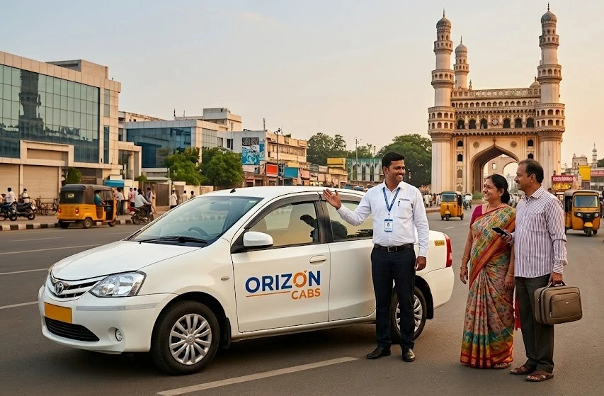 Orizon Cabs driver and passengers at the Charminar. Use our reliable service to book taxi hyderabad