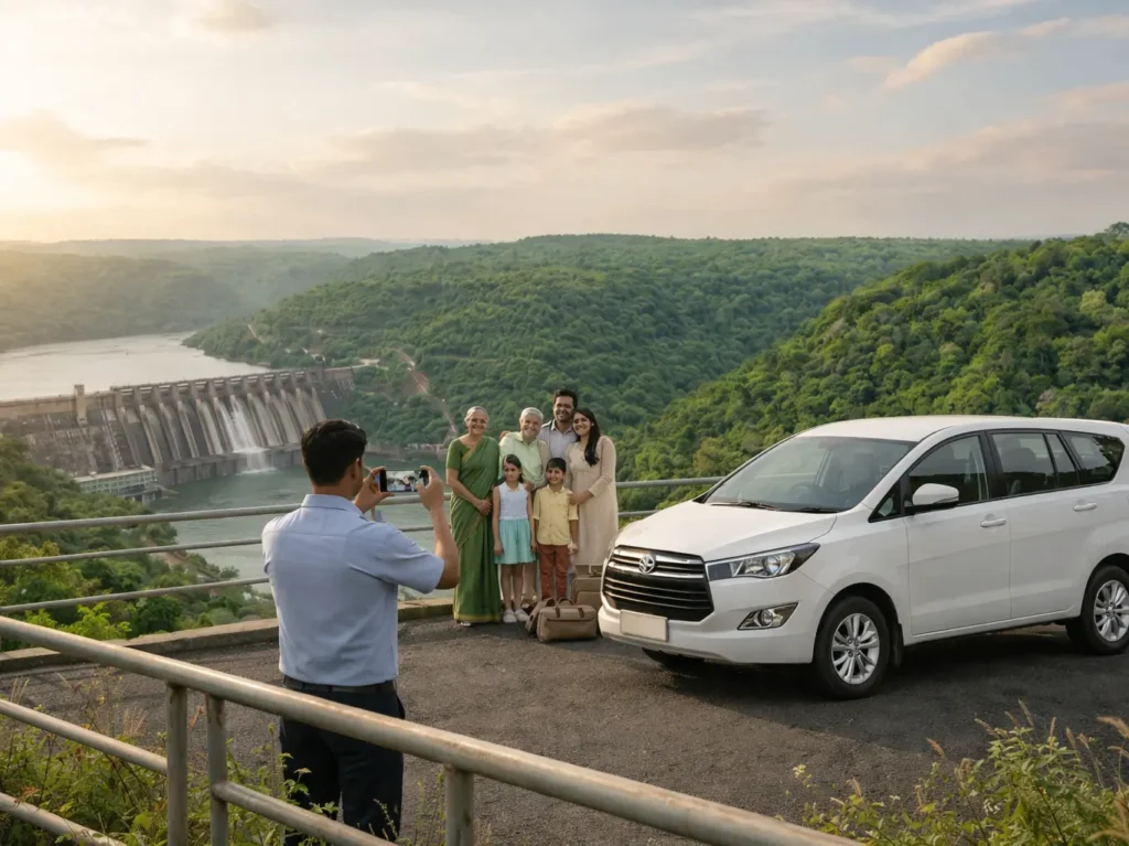 A family posing next to a white Innova taxi at Srisailam Dam, traveling with a hyderabad to srishilam cab service.