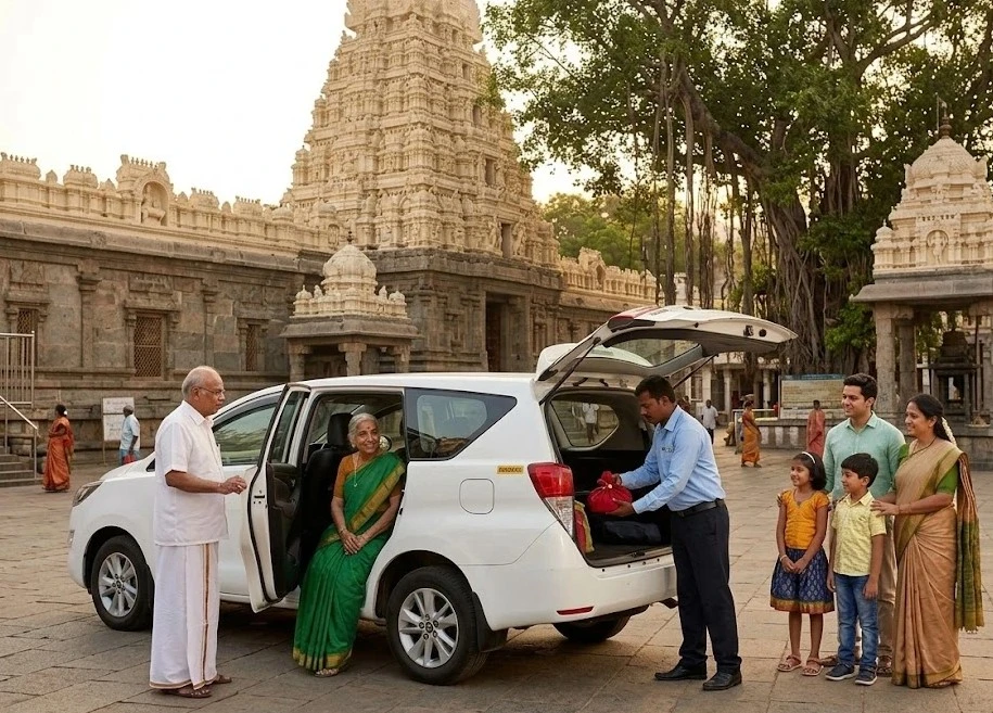A multi-generational family boarding a white Toyota Innova outside a grand temple during their trip with a hyderabad to srishilam cab service