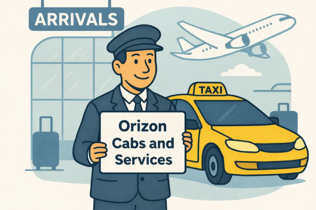 Airport pickup taxi service by Orizon Cabs and Services in hyderabad with driver holding name board at arrivals