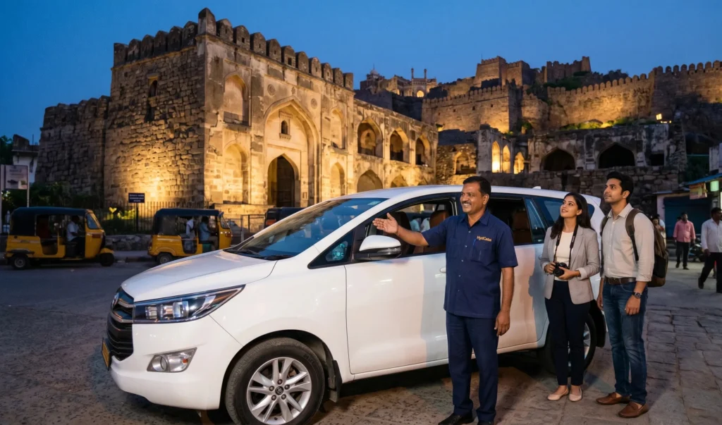 A trusted driver from Orizon Cabs Service Hyderabad guiding tourists at Golconda Fort, offering premium sightseeing and travels.