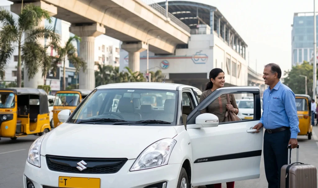 A professional driver from Orizon Cabs Services assisting a passenger near the metro, providing reliable and safe travels in Hyderabad